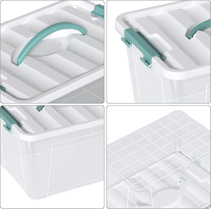 14 Quart Stackable Storage Bin with Latching Lid, Plastic Container Box to Organize Office, Crafts, Clear Base and White Lid, 8-Pack