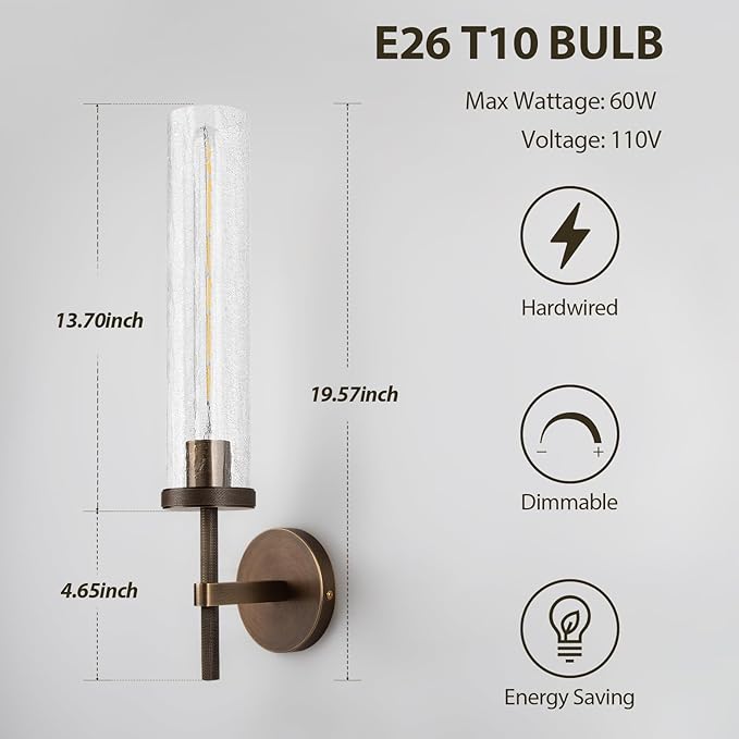 19.5" Knurled Brass Wall Sconce with Crackle Glass Tube, Bronze Bathroom Vanity Light Fixtures, Modern Lamp Lighting for Bedroom, Living Room, Hallway, Staircase, Mirror, Kitchen