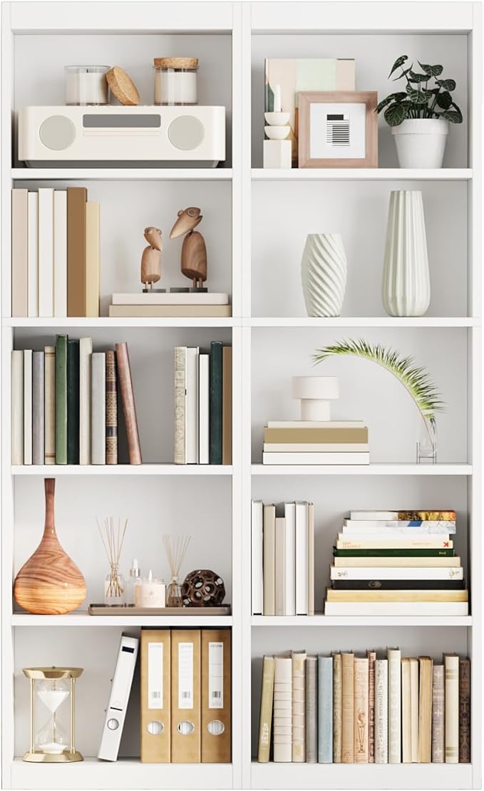 5-Tier Bookcase Set of 2, Open Storage Shelf, Narrow Tall Book Shelf, Freestanding Display Storage Shelves Suitable for Home Office, Living Room and Bedroom, White