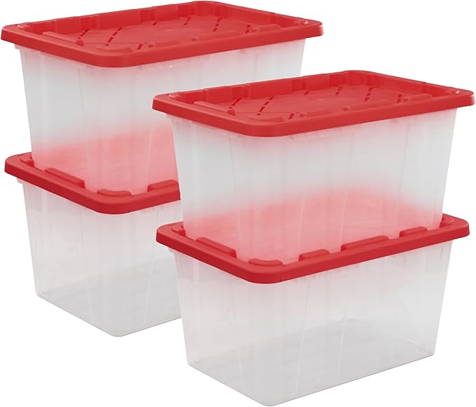CX BLACK & YELLOW, XTRA TALL 27-Gallon Heavy Duty Clear Storage Container & Snap-Tight Lid, Clear & Red (28.5"L x 19.4"W x 15.2"H), Weather-Resistant, Stackable, See-Through Organization Tote