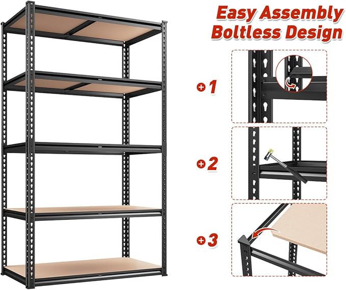 REIBII 2020LBS Storage Shelves 5 Tier Garage Shelving Heavy Duty, Adjustable Metal Shelving Unit, Garage Shelves for Basement, Warehouse, Pantry, Closet, Kitchen 72" H x 35.55" W x 16" D, Black