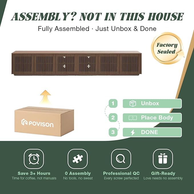 POVISON Full Assembled Mid Century Modern TV Stand, 118” Extra-Large Entertainment Center for 100 inch TV, Wood Slatted TV Media Console with Storage for Living Room Bedroom