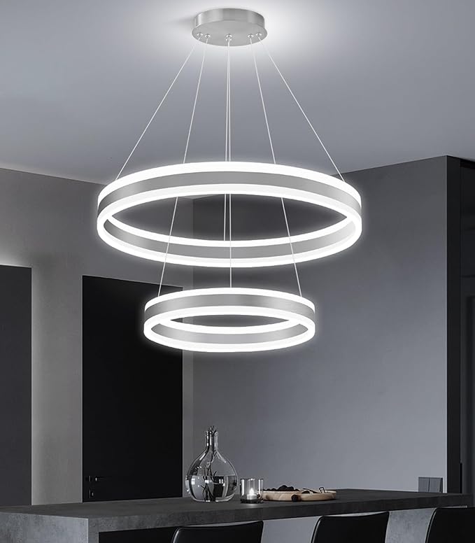 D15.7''+23.6'' Modern Ring Chandelier for Dining Room LED Dimmable Pendant Lighting Chandelier for Living Room Foyer Bedroom Entryway 3000K-6000K Silver
