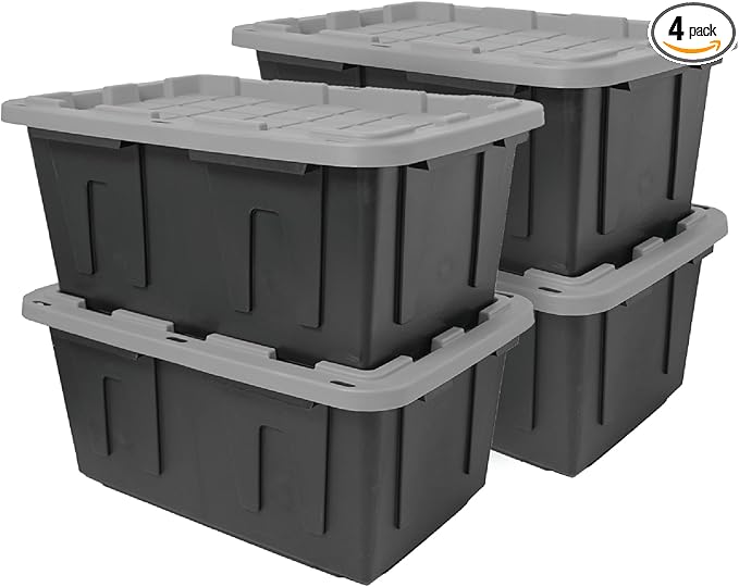 CX BLACK & YELLOW, 27-Gallon Heavy Duty Tough Storage Container & Snap-Tight Lid, Black and Grey, (14.3"H x 20.6"W x 30.6"D), Weather-Resistant Design and Stackable Organization Tote [4 Pack]
