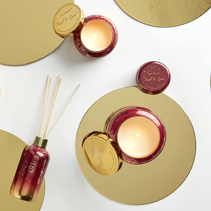 Capri Blue Glimmer Reed Diffuser Set - Includes Diffuser Sticks, Scented Oil, and Decorative Glass Bottle - Home Decor Room Freshener - Capri Blue Home Fragrance - Tinsel & Spice (8 fl oz)