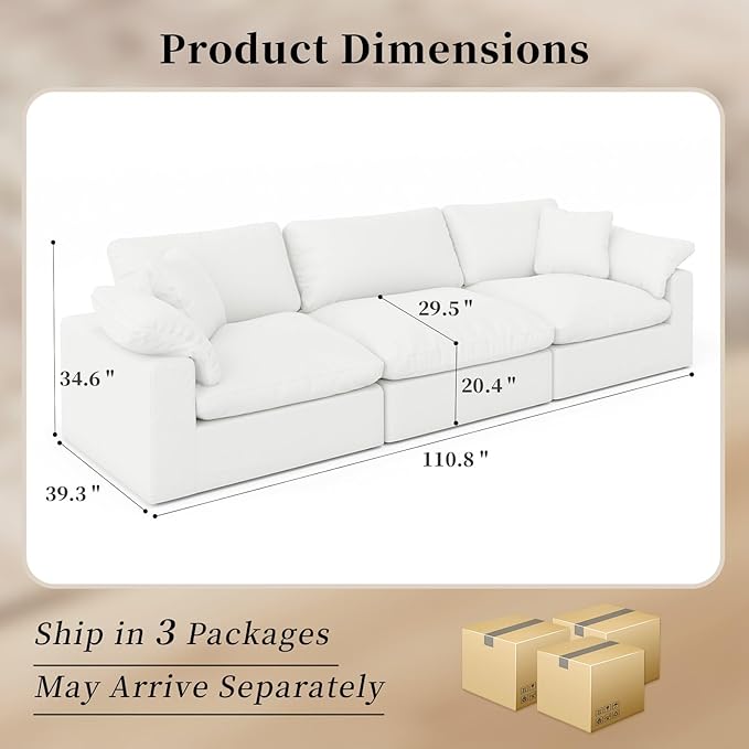 Modular Sectional Sofa Cloud Couch,78.6" Down Filled Comfy Cloud Modern Sofa,2 Seater with White Linen Couch Cushion Covers Removable Furniture for Living Room