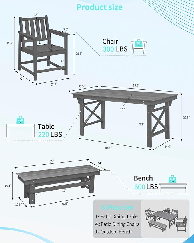 QUASCO HDPE Outdoor Dining Set for 6, Patio Dining Furniture Set with Umbrella Hole Cut-Out Table and 1 Bench and 4 Chairs, All Weather Outdoor Dining Bench Sets, Gray