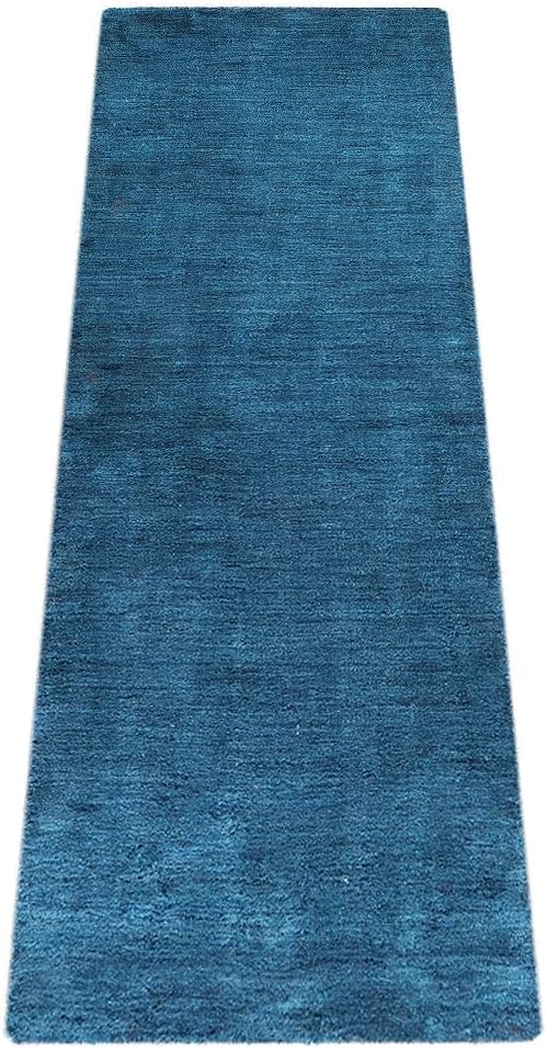 Hand Knotted Loom Wool ECO-Friendly Area Rugs - 2'6''x6', Runner, Blue Color, Solid Plain Design, High Pile Thick Handmade Anti Skid Area Rugs for Living Room, Bed Room (L00111)