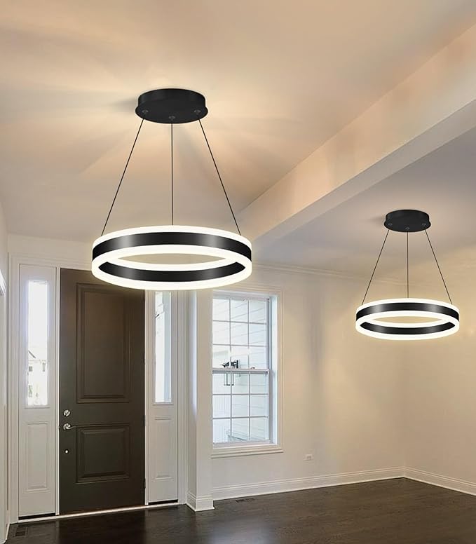 D15.7'' Modern Ring Chandelier for Dining Room LED Dimmable Pendant Lighting High Ceiling Chandelier for Living Room Foyer Bedroom Entryway 3000K-6000K Black