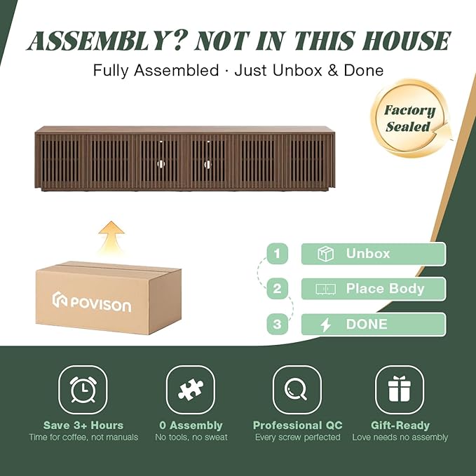 POVISON Full Assembled Mid Century Modern TV Stand, Wood Slatted Media Console for 75+ inch TV, Entertainment Center with Storage for Living Room, Low Cabinet with Removable Shelves