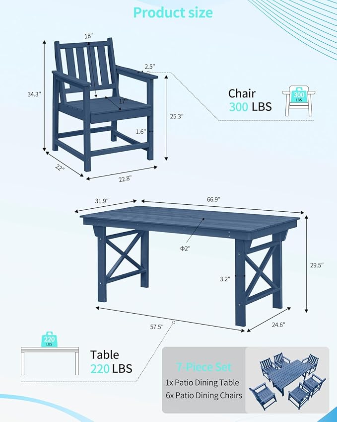 QUASCO Outdoor Patio Dining Table Set, 7-Piece Outdoor HDPE Dining Furniture Sets with Umbrella Hole Cut-Out Table and 6 Chairs for Patio, Garden, Backyard, Lawn and Poolside, Navy
