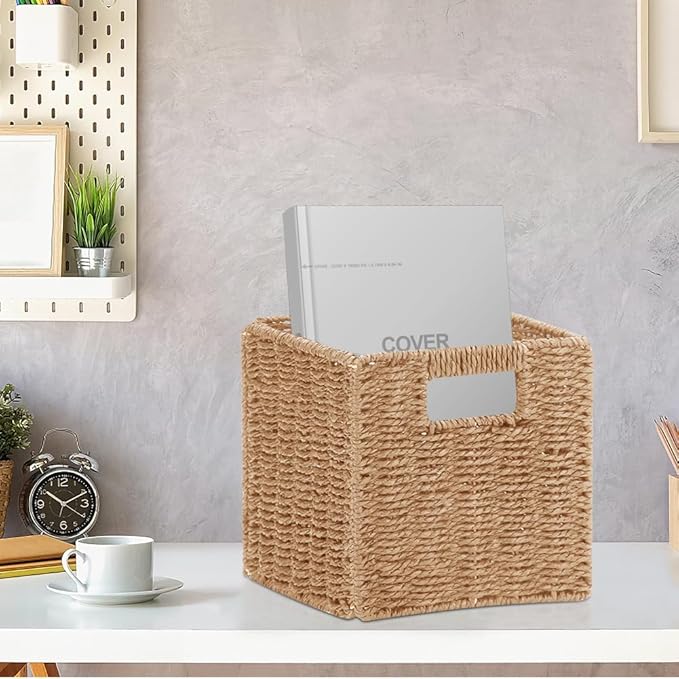6 Pack 8.7 Inch Wicker Baskets, Hand Woven Paper Rope Storage Baskets, Foldable Cube Storage Bins Organizer Square Wicker Cubes for Shelves Pantry Organizing & Decor