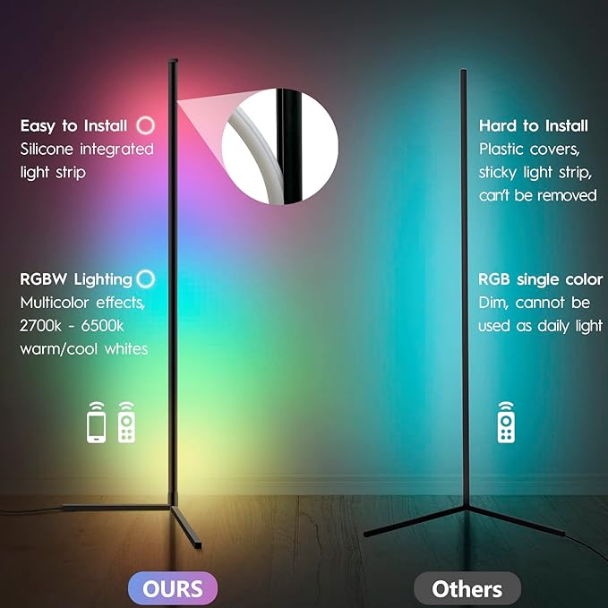 RGBWW Corner Lamp, Color Changing Floor Lamps for Living Room, Compatible with Alexa, Google Home, WiFi APP Remote Control, 2700k-6500k Smart LED 61" Tall Standing Lamp for Bedroom Game Room