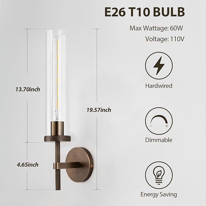 19.5" Knurled Brass Wall Sconce with Clear Glass Tube, Bronze Bathroom Vanity Light Fixtures, Modern Lamp Lighting for Bedroom, Living Room, Hallway, Staircase, Mirror, Kitchen