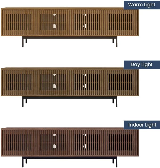 POVISON Mid-Century Modern TV Stand with Slatted Doors, Fully Assembled 78.74" Wood Media Console, TV Console with Tall-cast Metal Legs, Entertainment Center with Storage for Living Room