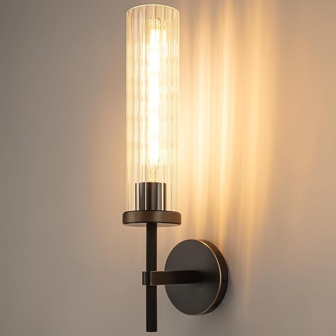 19.5" Knurled Brass Wall Sconce with Vertical Striped Glass Tube, Black Gold Bathroom Vanity Light Fixtures, Modern Lamp Lighting for Bedroom, Living Room, Hallway, Staircase, Mirror, Kitchen