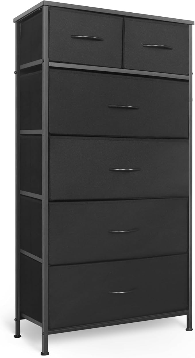 Tall Dresser for Bedroom, Vertical Storage Organizer Tower with 6 Drawers, Chest of Drawers with Fabric Bins, Steel Frame, Wood Top for Bedroom, Closet, Entryway- Black