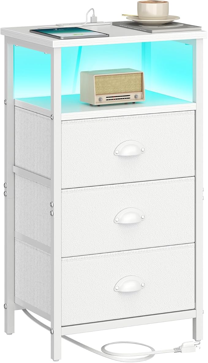 Nightstand with Charging Station,LED White Nightstand with 3 Fabric Drawers PU Finish, Bedside End Tables, 2-Tier Open Storage Shelf Side Table Nightstand with Drawers for Bedroom,White