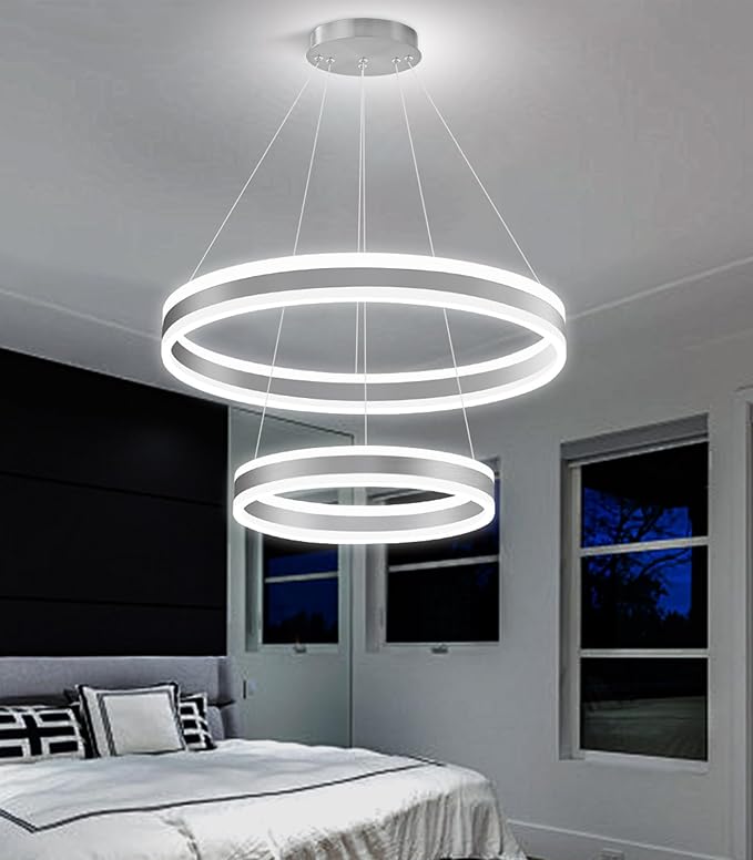 D15.7''+23.6'' Modern Ring Chandelier for Dining Room LED Dimmable Pendant Lighting Chandelier for Living Room Foyer Bedroom Entryway 3000K-6000K Silver