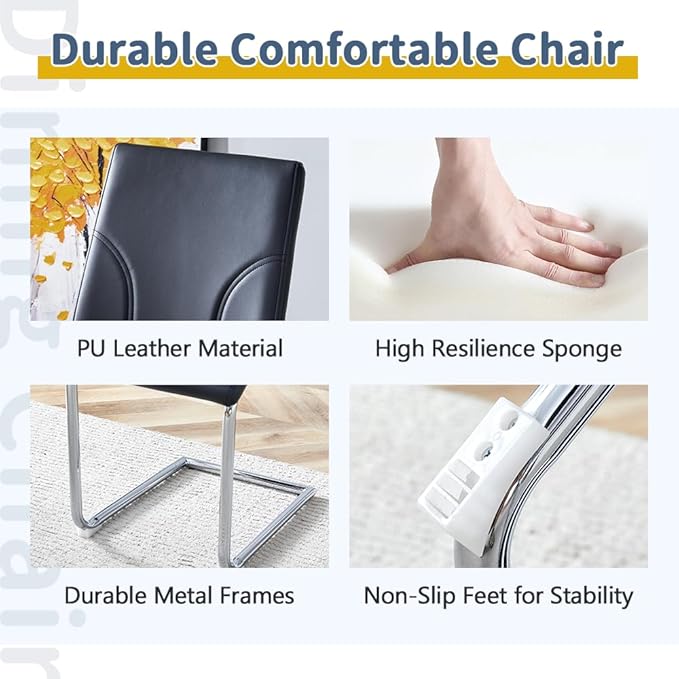 FURNITO Modern Dining Table Set for 6, Kitchen Table and Chairs for 6,71 in Glass Dining Table with 6 PU Leather Dining Chairs for Kitchen Dining Room（White Table+6 Black Chair）