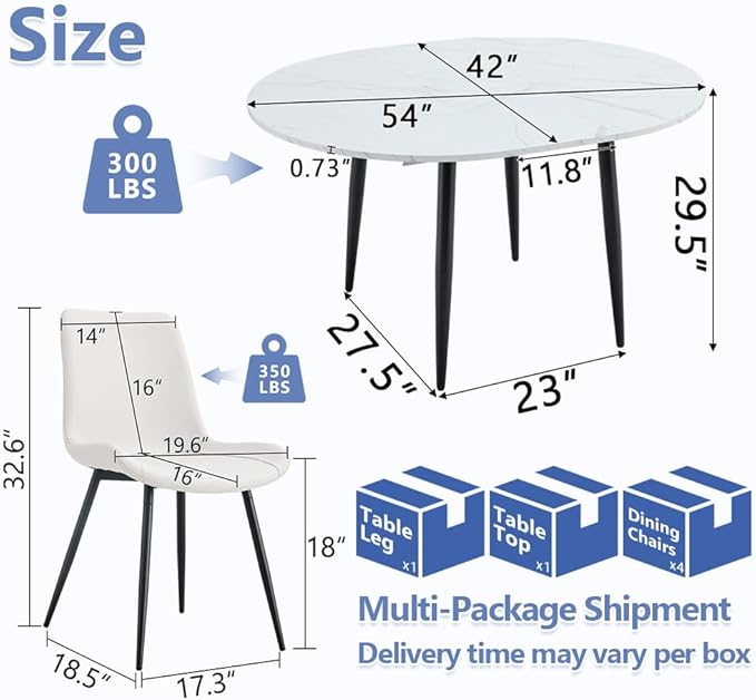 42"-54" Extendable Dining Room Table Set for 4, Oval-Round Dining Table Set for 4, White Kitchen Table with Upholstered Chairs Set of 4, 5 Piece Dining Table Set for Small Spaces, Easy Assembly