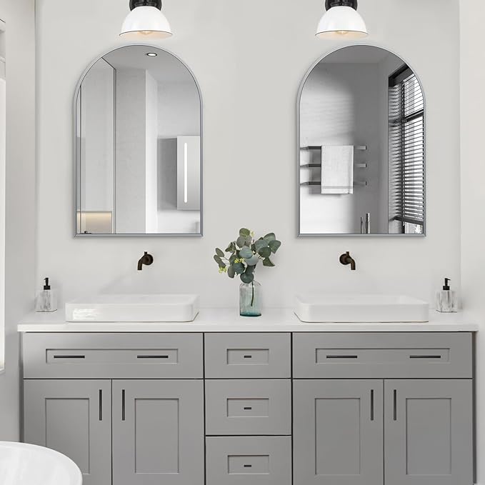 24" x 36" Silver Arched Mirror, Modern Aluminum Alloy Metal Frame, Arch Bathroom Vanity and Wall Decor Mirror for Bathroom, Living Room, Bedroom, Entryway