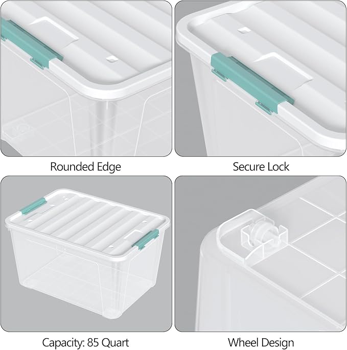 85 Quart Plastic Storage Bin with Latching Lid, Large Clear Storage Box, 4 Pack