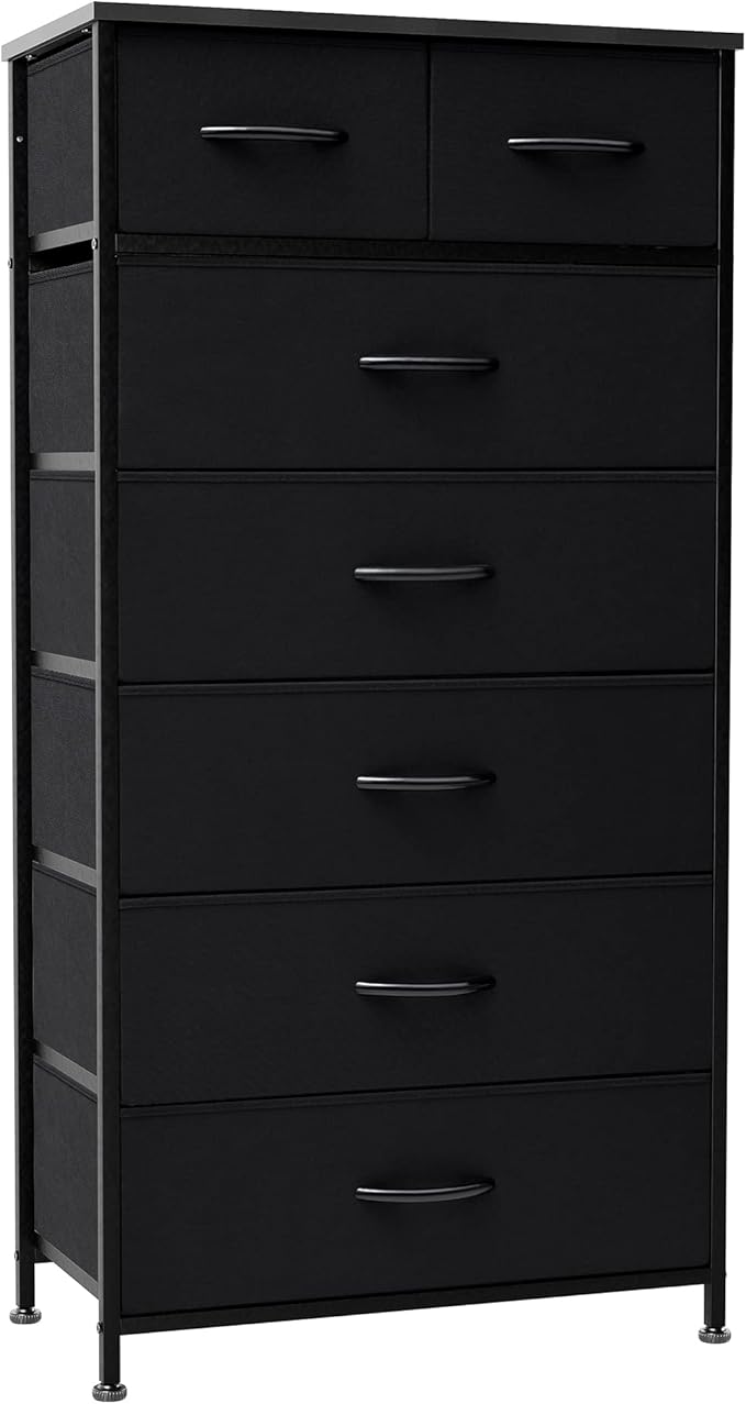 Crestlive Products Vertical Dresser Storage Tower - Sturdy Steel Frame, Wood Top, Easy Pull Fabric Bins, Handles - Organizer Unit for Bedroom, Hallway, Entryway, Closets - 7 Drawers (Black)