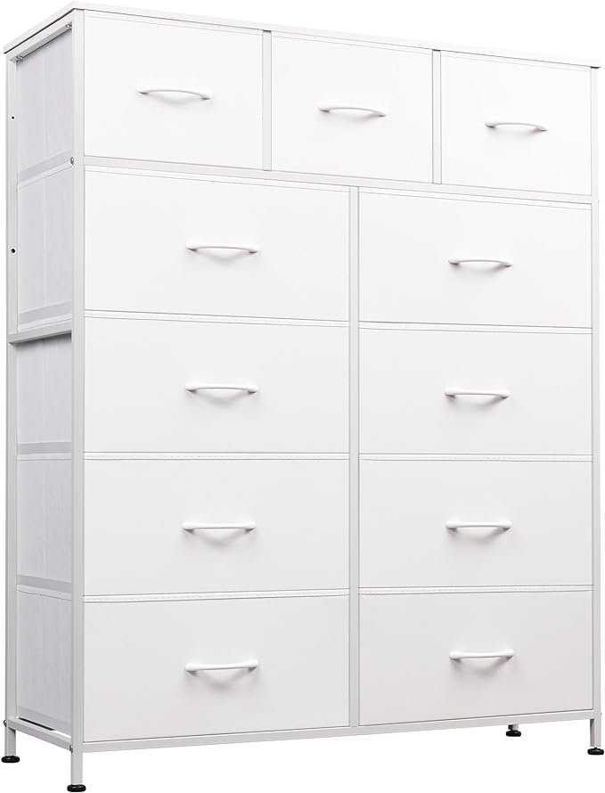 WLIVE Storage Organizer Unit with 11 Fabric Bins, Storage Drawers Organizer with Steel Frame, Tall Storage Tower Organizaton for Living Room, Hallway, Office, White
