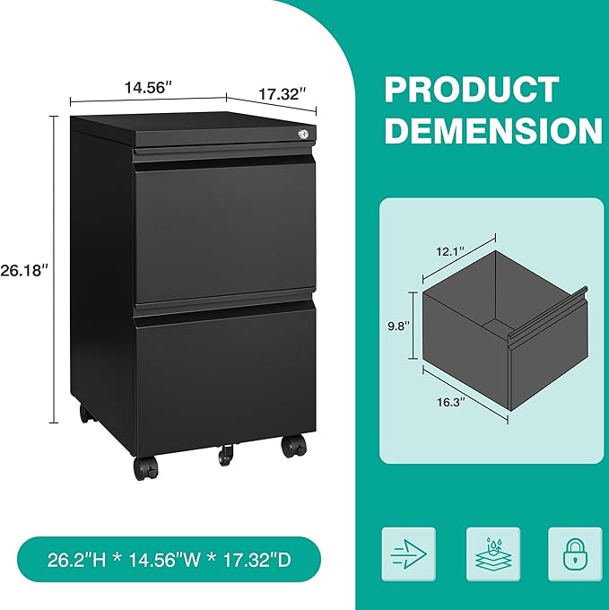 SISESOL 2 Drawer File Cabinet on Wheels,Metal Filing Cabinet with Lock,Black Rolling File Cabinets,Under Desk Office Cabinets for Home Office,Fit A4/Letter/Legal,Fully Assembled Except Caster