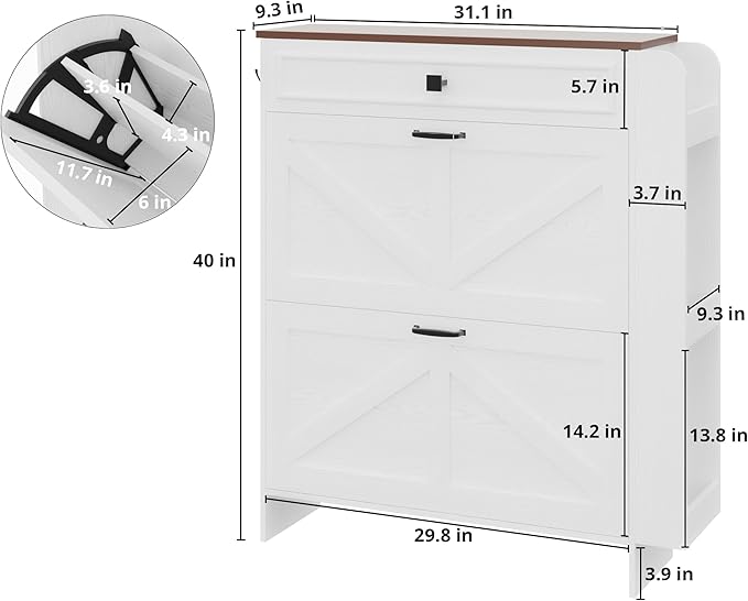IRONCK Shoe Storage Cabinet with 2 Flip Drawers & Barn Door Design, Freestanding Shoe Cabinet Organizer with Drawer and Shelves for Entryway, Farmhouse Shoe Rack Cabinet, White/Walnut