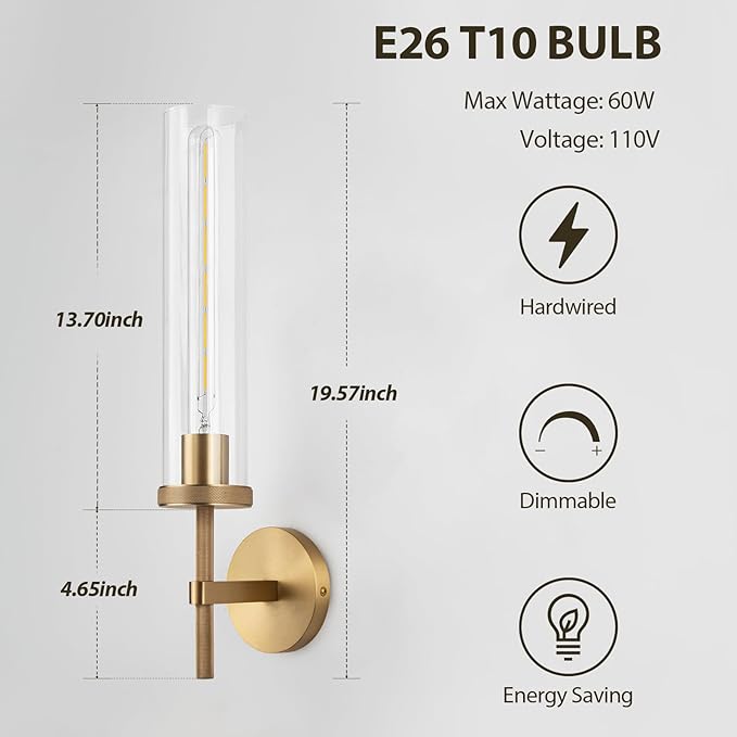 19.5" Knurled Brass Wall Sconce with Clear Glass Tube, Gold Bathroom Vanity Light Fixtures, Modern Lamp Lighting for Bedroom, Living Room, Hallway, Staircase, Mirror, Kitchen