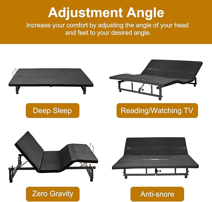 Queen Size Adjustable Bed Frame with Wireless Remote, Ergonomic Electric Adjustable Bed Base with Quiet Motor, USB Ports&Underbed Nightlight, Head and Foot Incline, Zero Gravity Bed, Easy Assembly