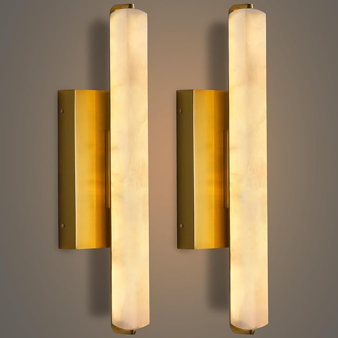 Alabaster Wall Sconces Set of Two, 15" Brass Alabaster Sconce, Spanish Natural Marble Wall Sconce Lamp Indoor, Rectangle Modern Sconces Lighting for Bathroom Living Room Bedroom Stairs Hallway