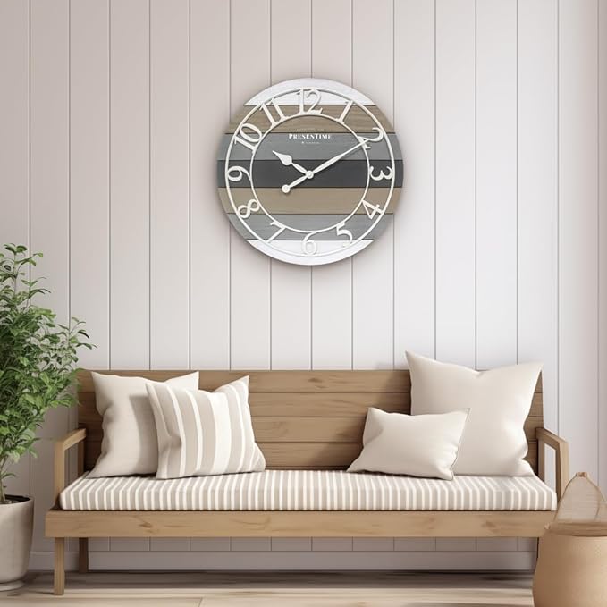 Presentime & Co Modern Farmhouse Shiplap Clock, 19.5 inch, White Arabic Numerals with Multicolor Woodgrain Shiplap Style. Large Farmhouse Decor for Living Room, Entryway, Home Office. Wall Décor