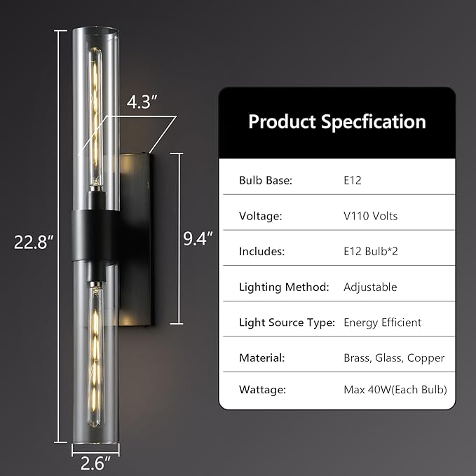 Black Bathroom Wall Sconces, 22.8" Bathroom Vanity Light with Tube Glass, Horizontal or Vertical Linear Wall Sconces,Black Vanity Light, Indoor Wall Sconce for Living Room, Bedroom, Hallway