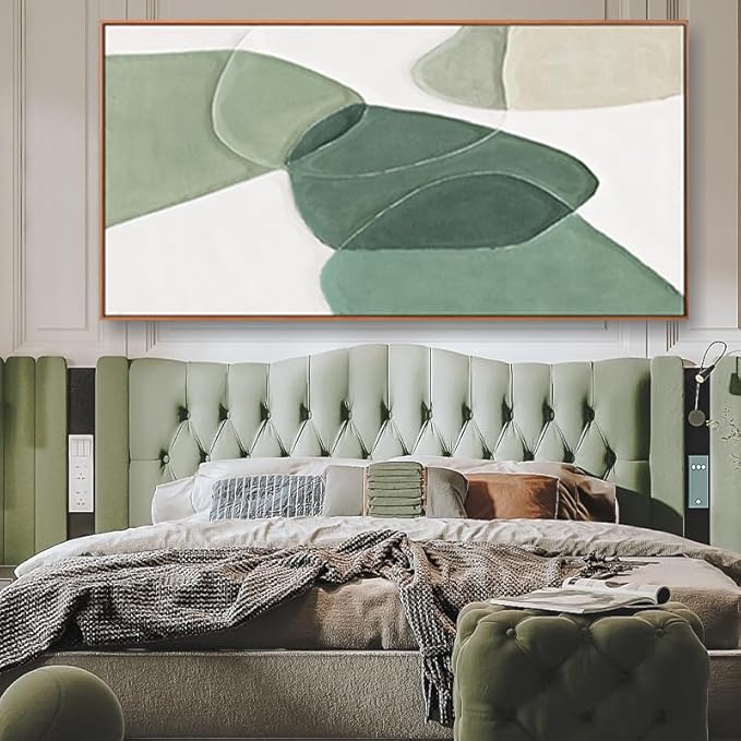 Modern Wall Art Large Geometric Green And White Geometric Color Block Line Art Painting Artwork Canvas Simple Picture Textured Artwork Framed For Living Room Bedroom Office Home Decor 29"X 58"