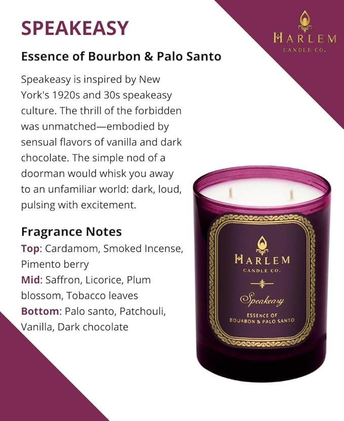 HARLEM CANDLE CO. Speakeasy - Luxury Scented Soy Candle, 11 oz - 80-Hour Burn Time | Palo Santo, Cardamom, Incense, Bourbon, Tobacco and Patchouli | Scented Candles for Home