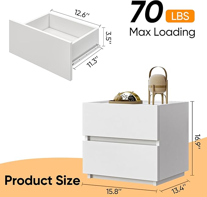 Nightstands Set of 2, Small Dresser for Closet, Sofa Side Table with Drawers for Small Spaces Wooden Bedside Tables, White Modern Storage Cabinet for Bedroom. Entryway, 15.8 in