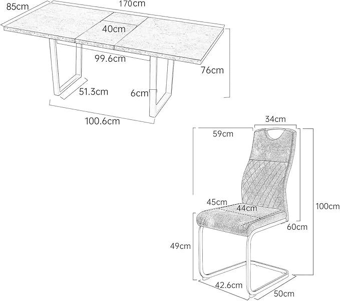 ZckyCine Modern Mid-Century Dining Table Set for 6-8 People Kitchen Dining Room Table Set Extendable Wood Dining Table and 6 Upholstered Chairs, Home Kitchen Furniture
