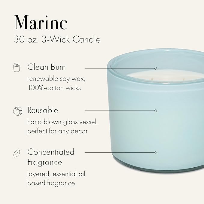 LAFCO New York 3-Wick Candle, Marine - 30 oz - 120-Hour Burn Time - Reusable, Hand Blown Glass Vessel - Made in The USA