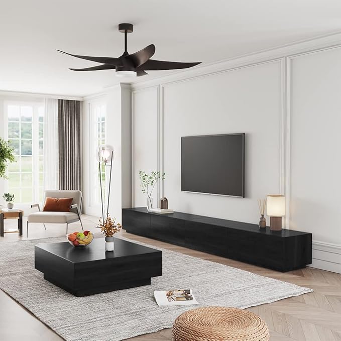 POVISON 118" Modern Solid Wood TV Stand with Storage, Fully Assembled, Large Entertainment Center 4 Drawers, TV Media Console Living Room TV Stand Black