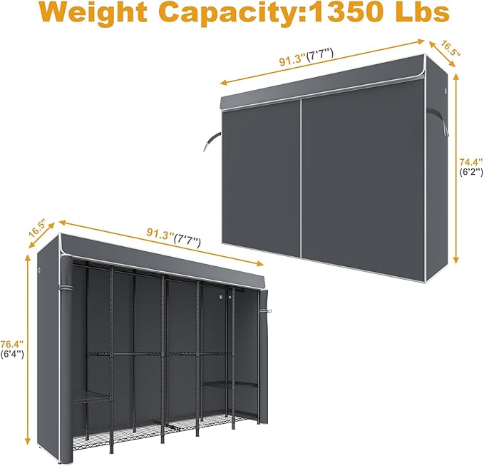 H50C Extra Large Clothes Rack with Cover, Freestanding Portable Closet, Covered Clothing Racks for Hanging Clothes, Heavy Duty Garment Rack, Wardrobe Closet with Gray Cover Max Load 1350 Lbs