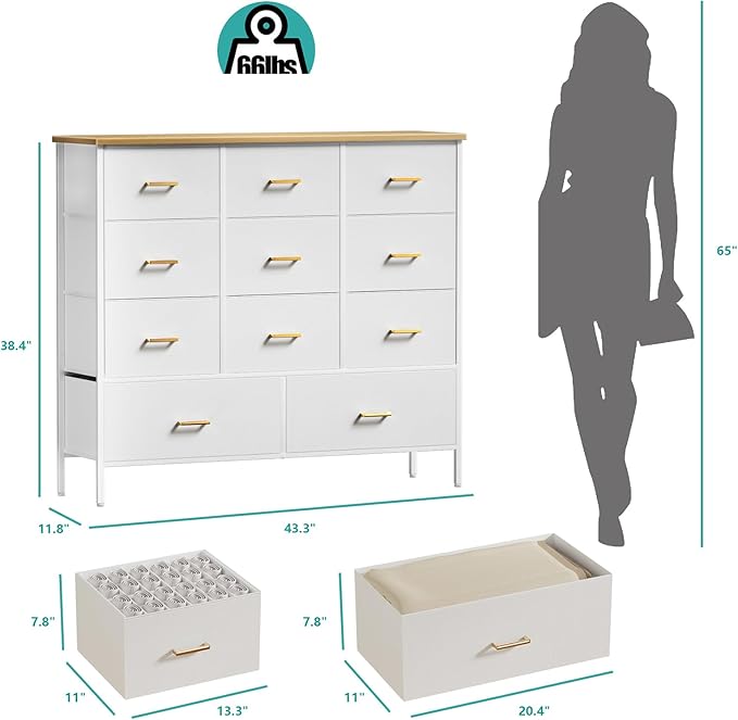 Wide TV Stand Modern TV Console, 11 Drawers Tall Dresser for Bedroom, Fabric Storage Cabinet, Chest of Drawers for Closet, Nursery, Living Room（White）