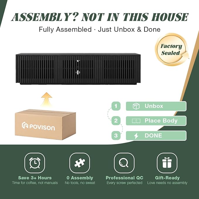 POVISON Full Assembled Mid Century Modern TV Stand, Black Entertainment Center for 65 inch TV, Wood Slatted Media Console with Storage, Low TV Cabinets for Living Room Bedroom, Oak Veneer