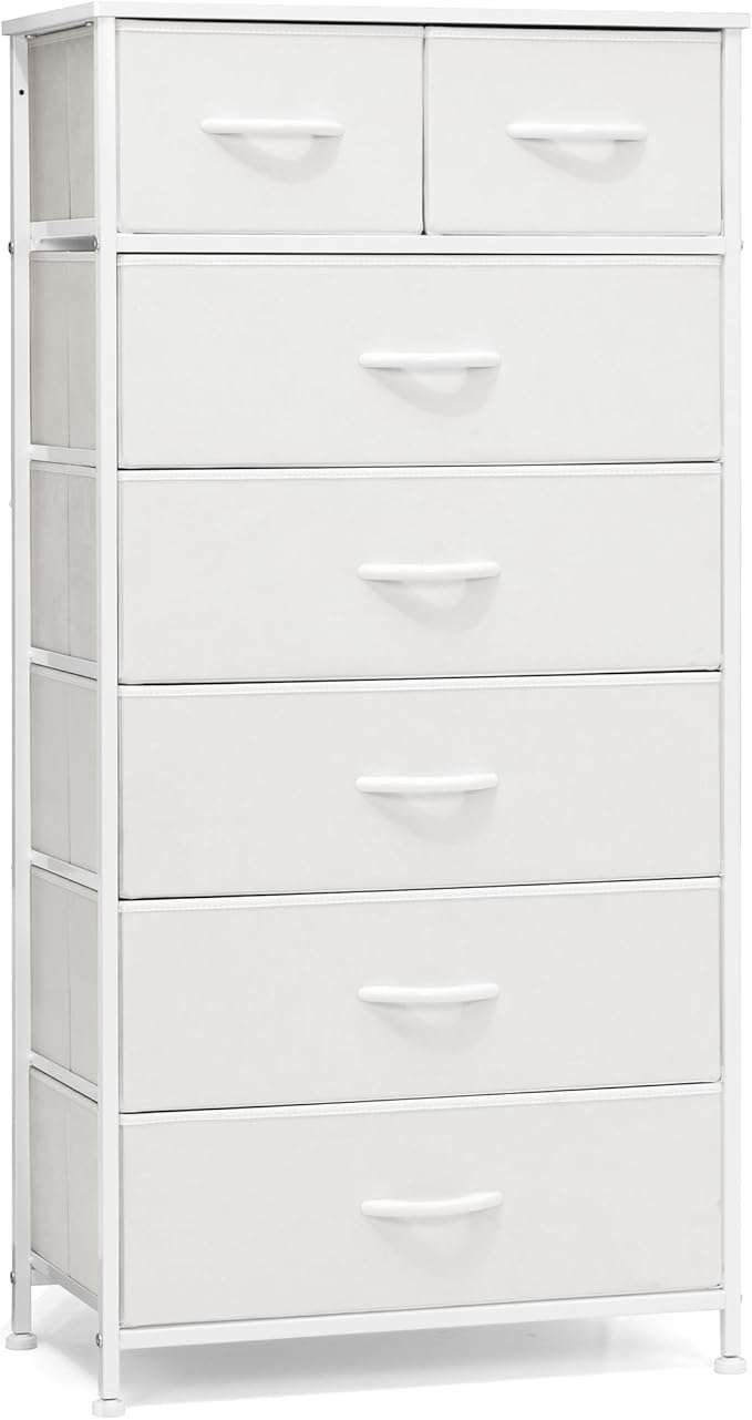 Crestlive Products Vertical Dresser Storage Tower - Sturdy Steel Frame, Wood Top, Easy Pull Fabric Bins, Handles - Organizer Unit for Bedroom, Hallway, Entryway, Closets - 7 Drawers (White)