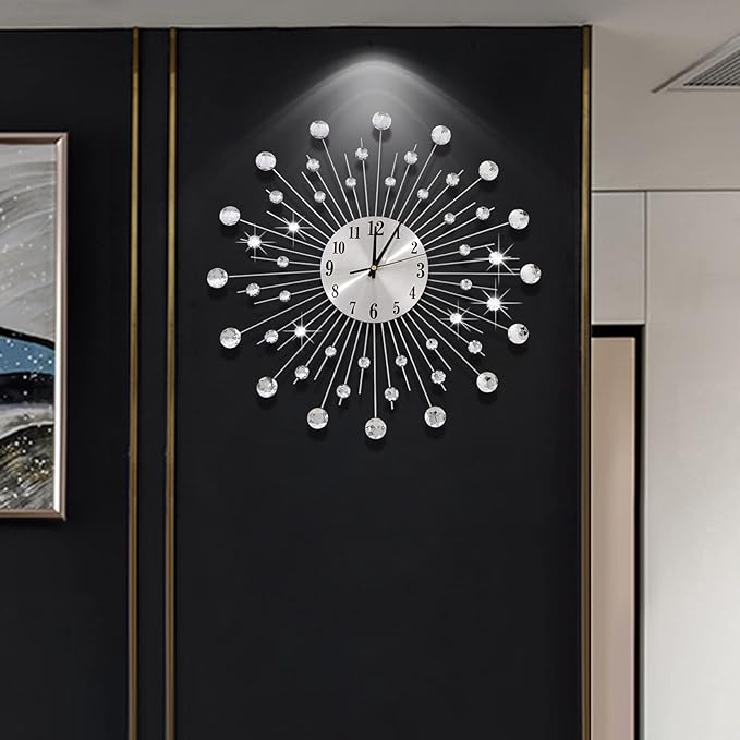 19.7 Inch Large Wall Clock for Living Room Decor, Non-Ticking Quiet Modern Metal Starburst Bling Silver Crystal Wall Clocks Decor for Bedrooms Kitchen Decorative