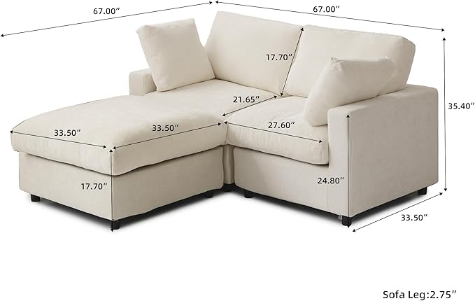 JACH 67" Love Seat Sectional Couches with Chaise Ottoman, Modern Convertible Modular Sofa, Cloud Sectional Couch, Sofa Covers Washable, Minimalist Couch for Living Room, Bedroom, Apartment, Beige
