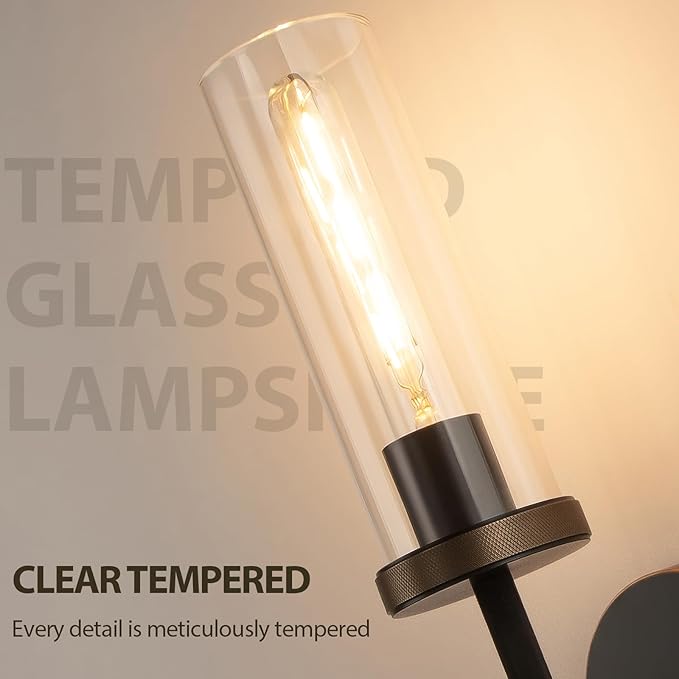 15" Knurled Brass Wall Sconce with Clear Glass Tube, Black Gold Bathroom Vanity Light Fixtures, Modern Lamp Lighting for Bedroom, Living Room, Hallway, Staircase, Mirror, Kitchen