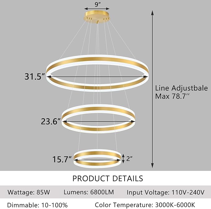 3-Rings Modern Gold LED Chandelier, Flush Mount Ceiling Lighting for Living Room, Adjustable Height Pendant Light for Staircase Foyer Dining Room Entryway 3000K 6000K